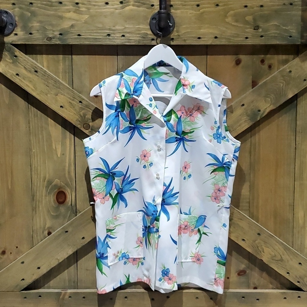 VINTAGE SLEEVELESS BLOUSE TOP WITH FLORAL PRINT MOD